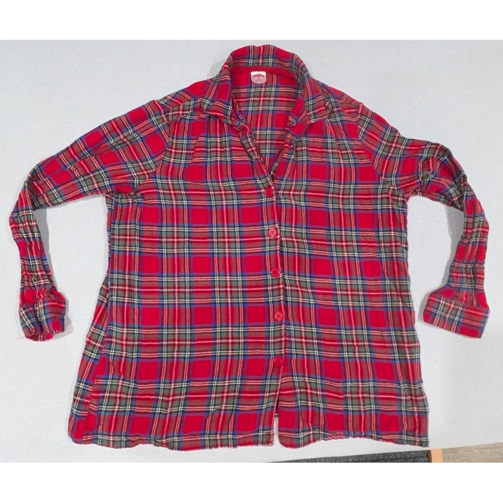 Holiday Time Pajama Top Girls M 8-10 Red Plaid Excellent Long Sleeve Button Up